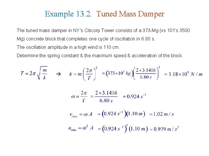 Example 13. 2. Tuned Mass Damper The tuned mass damper in NY’s Citicorp Tower