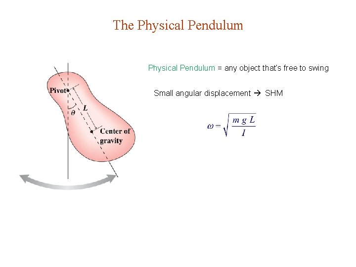 The Physical Pendulum = any object that’s free to swing Small angular displacement SHM