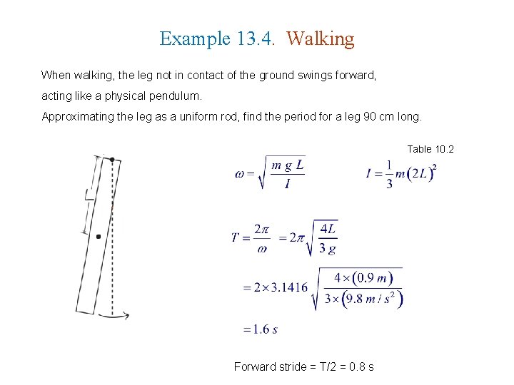 Example 13. 4. Walking When walking, the leg not in contact of the ground