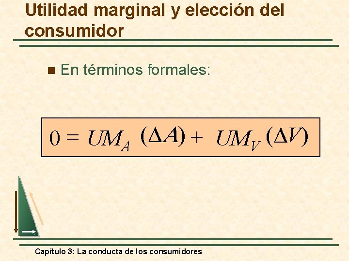 Utilidad marginal y elección del consumidor n En términos formales: 0 = UMA (DA)