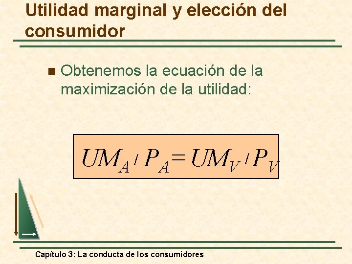 Utilidad marginal y elección del consumidor n Obtenemos la ecuación de la maximización de