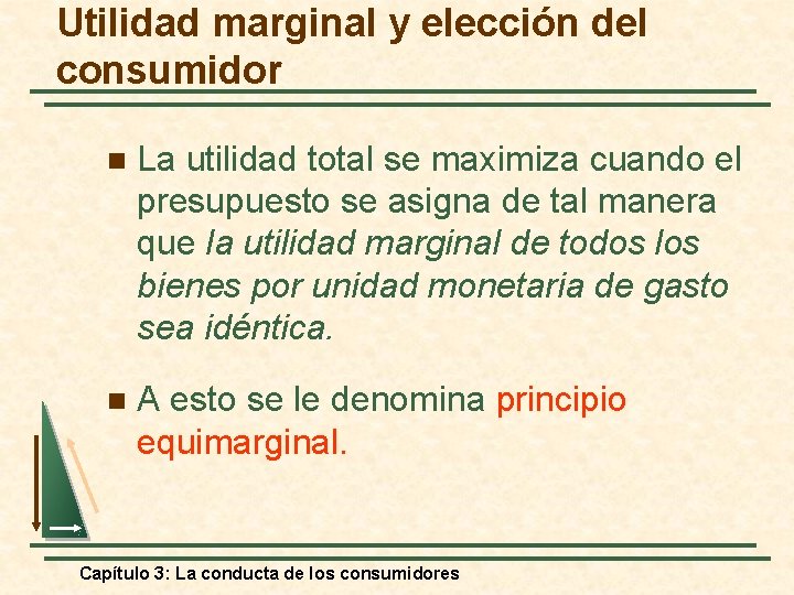 Utilidad marginal y elección del consumidor n La utilidad total se maximiza cuando el