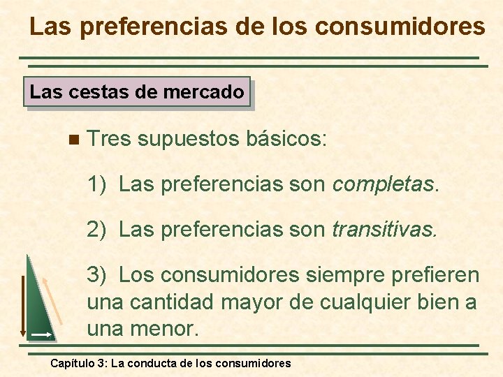 Las preferencias de los consumidores Las cestas de mercado n Tres supuestos básicos: 1)