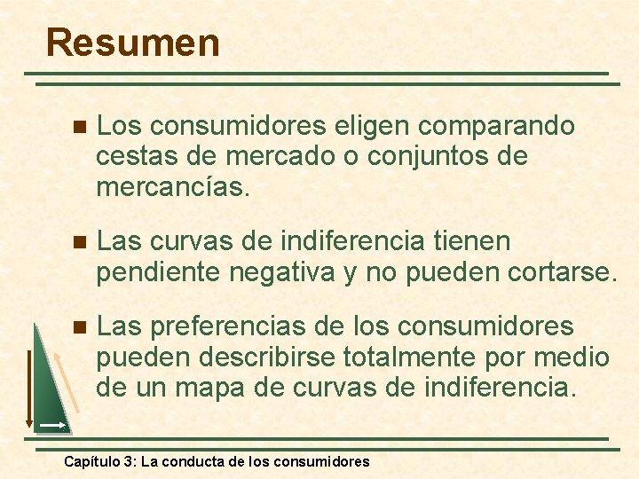 Resumen n Los consumidores eligen comparando cestas de mercado o conjuntos de mercancías. n