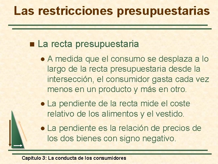 Las restricciones presupuestarias n La recta presupuestaria l A medida que el consumo se