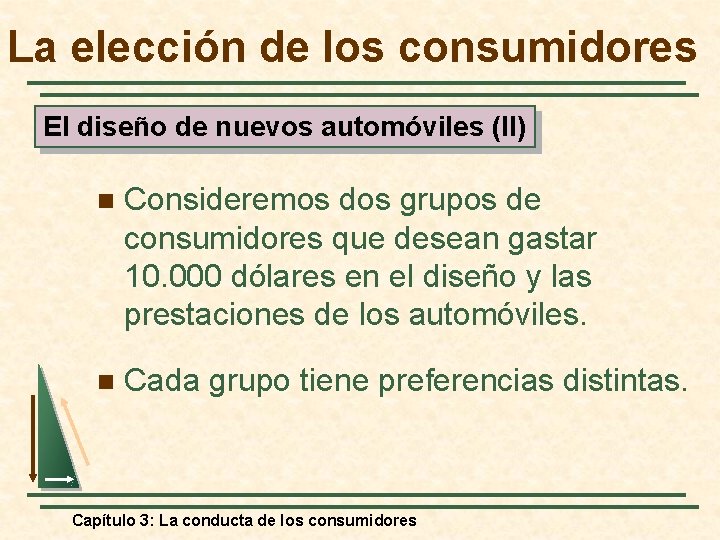 La elección de los consumidores El diseño de nuevos automóviles (II) n Consideremos dos