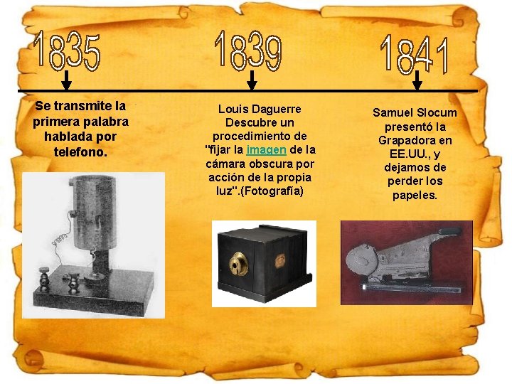 Se transmite la primera palabra hablada por telefono. Louis Daguerre Descubre un procedimiento de