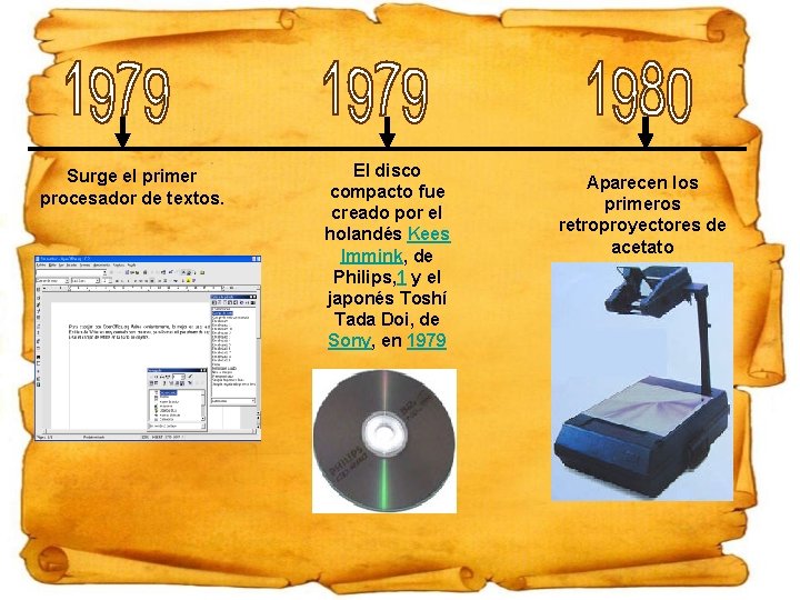 Surge el primer procesador de textos. El disco compacto fue creado por el holandés