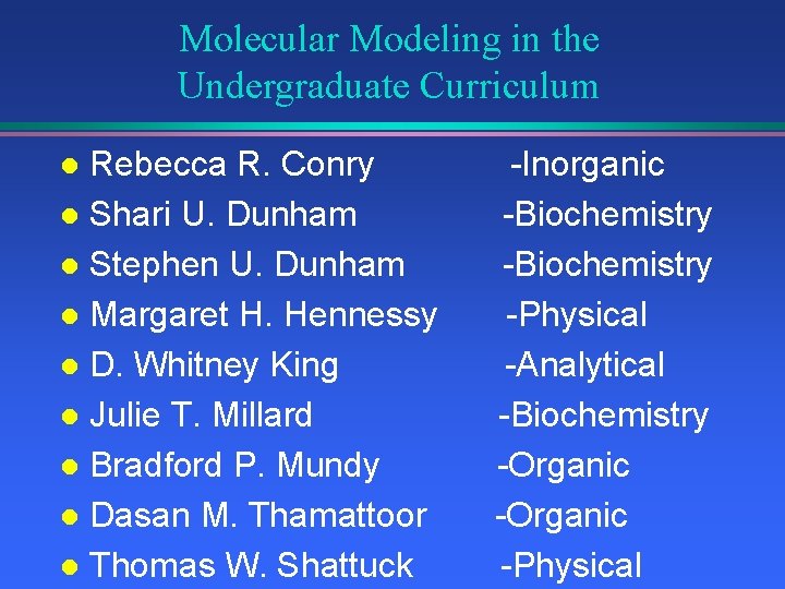 Molecular Modeling in the Undergraduate Curriculum Rebecca R. Conry l Shari U. Dunham l
