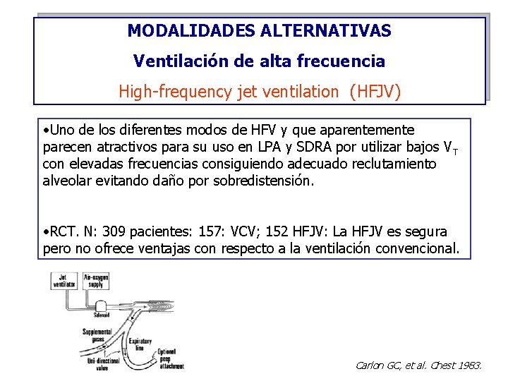 MODALIDADES ALTERNATIVAS Ventilación de alta frecuencia High-frequency jet ventilation (HFJV) • Uno de los