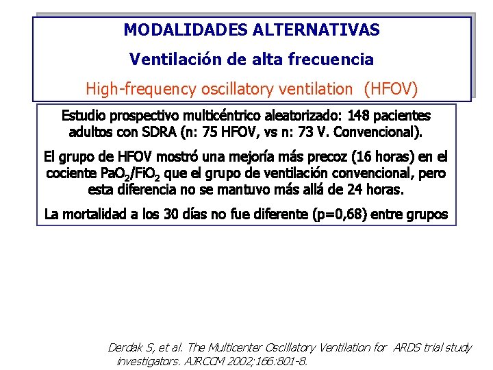 MODALIDADES ALTERNATIVAS Ventilación de alta frecuencia High-frequency oscillatory ventilation (HFOV) Estudio prospectivo multicéntrico aleatorizado: