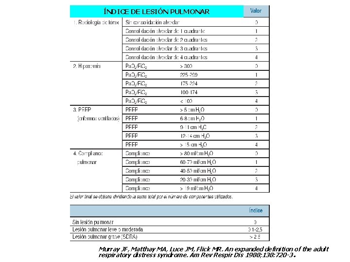 ÍNDICE DE PULMONAR LESIÓN PULMONAR ÍNDICE DE LESIÓN . Murray JF, Matthay MA, Luce