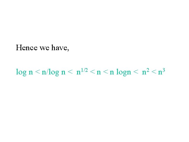 Hence we have, log n < n/log n < n 1/2 < n logn