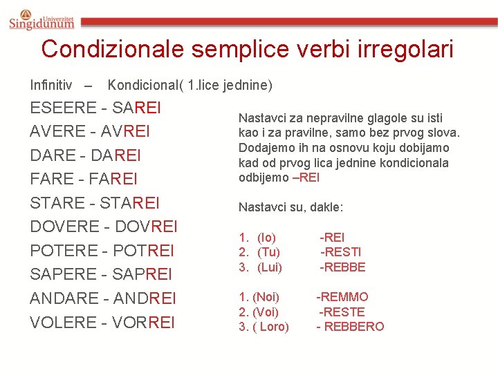 Condizionale semplice verbi irregolari Infinitiv – Kondicional( 1. lice jednine) ESEERE - SAREI AVERE Condizionale semplice verbi irregolari Infinitiv – Kondicional( 1. lice jednine) ESEERE - SAREI AVERE