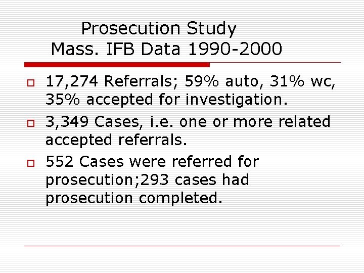  Prosecution Study Mass. IFB Data 1990 -2000 o o o 17, 274 Referrals;