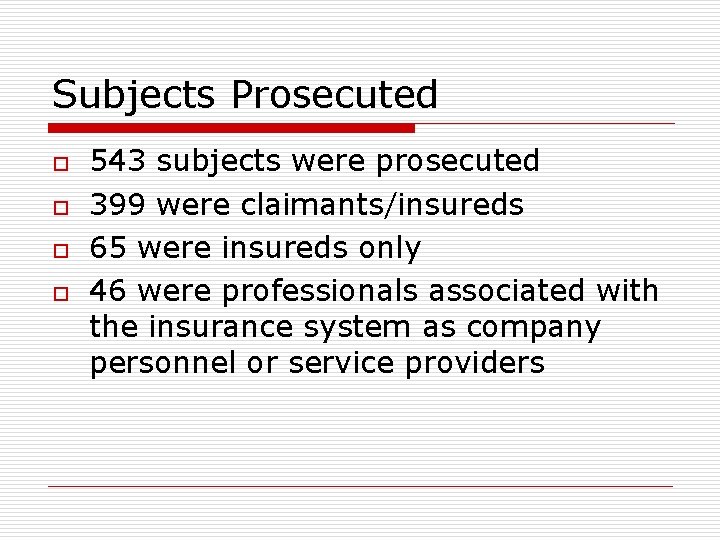 Subjects Prosecuted o o 543 subjects were prosecuted 399 were claimants/insureds 65 were insureds