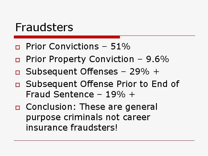 Fraudsters o o o Prior Convictions – 51% Prior Property Conviction – 9. 6%