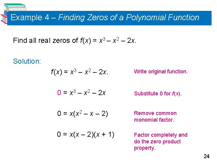 Example 4 – Finding Zeros of a Polynomial Function Find all real zeros of