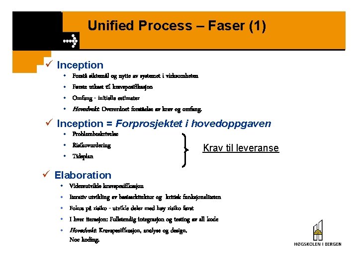Unified Process – Faser (1) ü Inception • • Forstå siktemål og nytte av