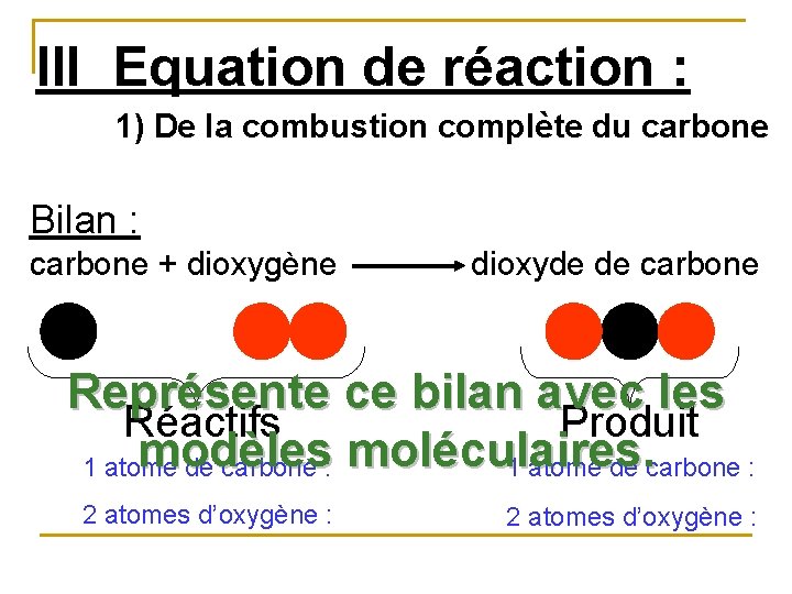 III Equation de réaction : 1) De la combustion complète du carbone Bilan :