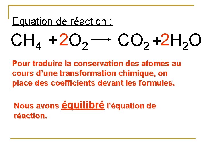 Equation de réaction : CH 4 + 2 O 2 CO 2 +2 H
