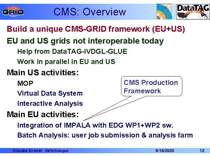CMS: Overview Build a unique CMS-GRID framework (EU+US) EU and US grids not interoperable CMS: Overview Build a unique CMS-GRID framework (EU+US) EU and US grids not interoperable