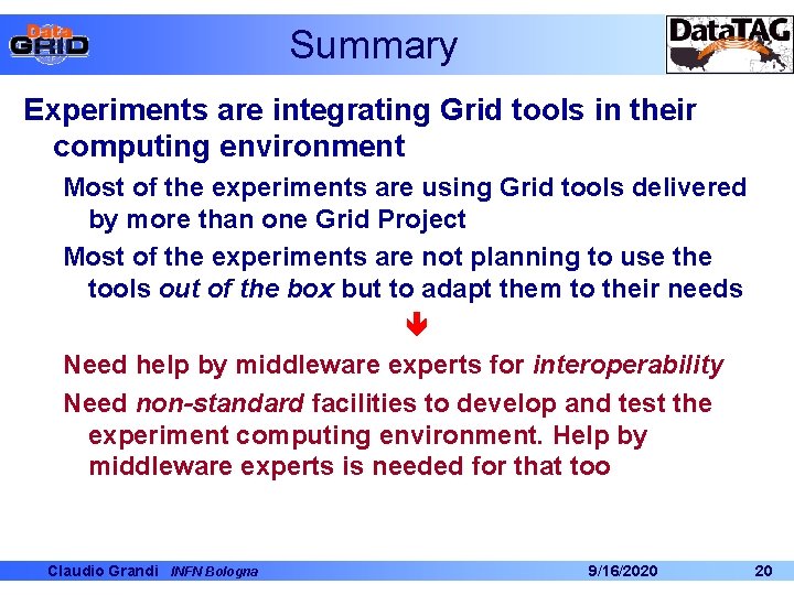 Summary Experiments are integrating Grid tools in their computing environment Most of the experiments Summary Experiments are integrating Grid tools in their computing environment Most of the experiments