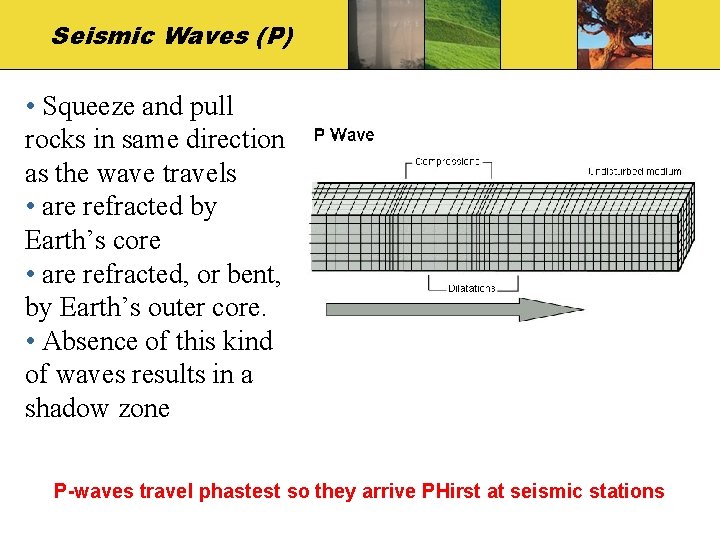 Seismic Waves (P) • Squeeze and pull rocks in same direction as the wave