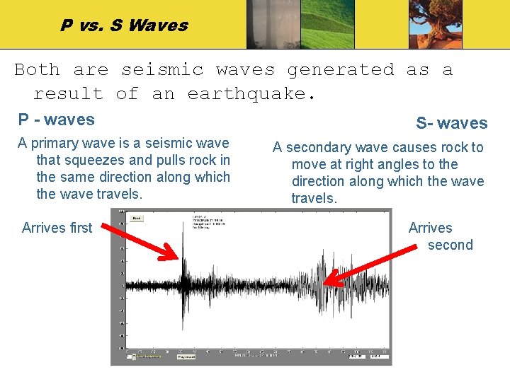 P vs. S Waves Both are seismic waves generated as a result of an