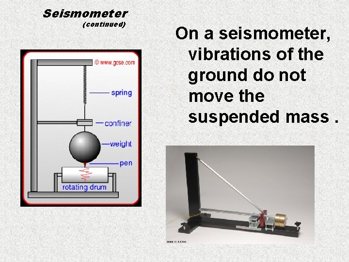 Seismometer (continued) On a seismometer, vibrations of the ground do not move the suspended