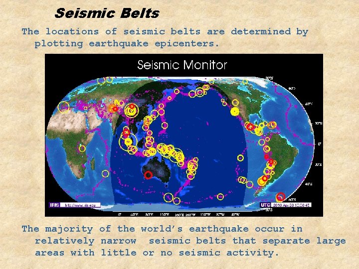 Seismic Belts The locations of seismic belts are determined by plotting earthquake epicenters. The