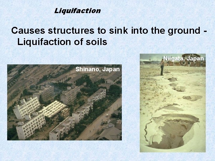 Liquifaction Causes structures to sink into the ground Liquifaction of soils Niigata, Japan Shinano,