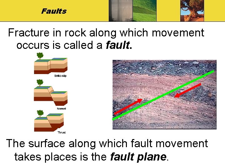 Faults Fracture in rock along which movement occurs is called a fault. The surface