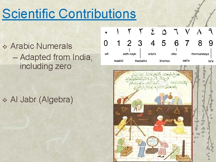 Scientific Contributions v Arabic Numerals – Adapted from India, including zero v Al Jabr