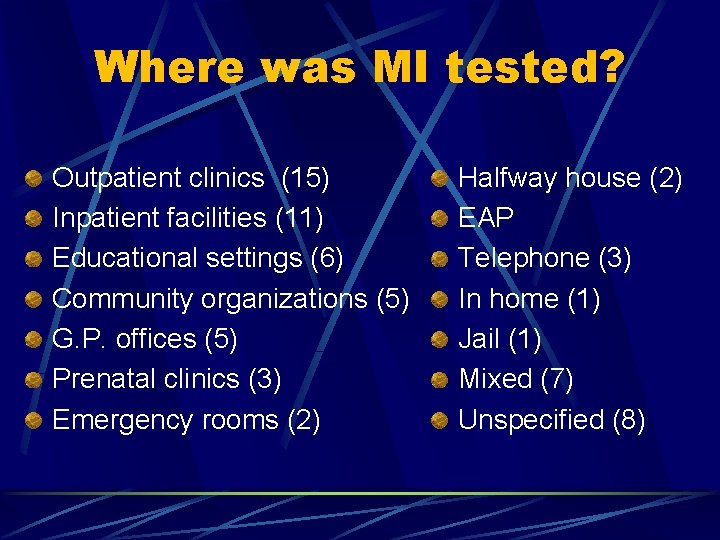 Where was MI tested? Outpatient clinics (15) Inpatient facilities (11) Educational settings (6) Community