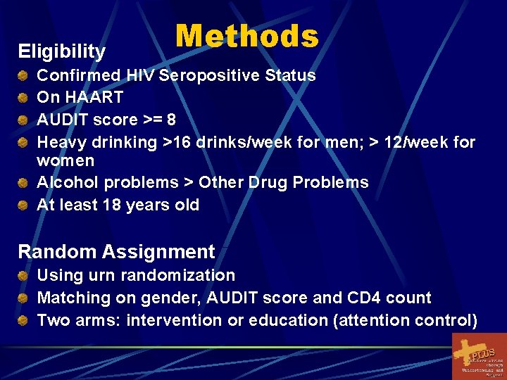 Eligibility Methods Confirmed HIV Seropositive Status On HAART AUDIT score >= 8 Heavy drinking