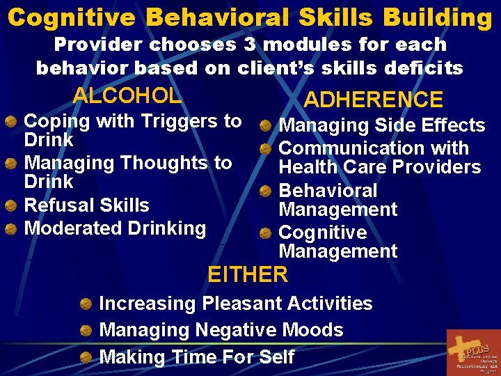 Cognitive Behavioral Skills Building Provider chooses 3 modules for each behavior based on client’s