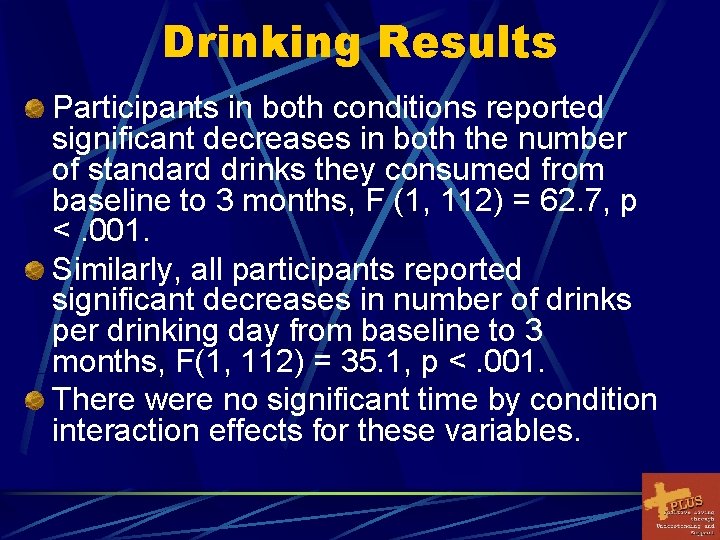 Drinking Results Participants in both conditions reported significant decreases in both the number of