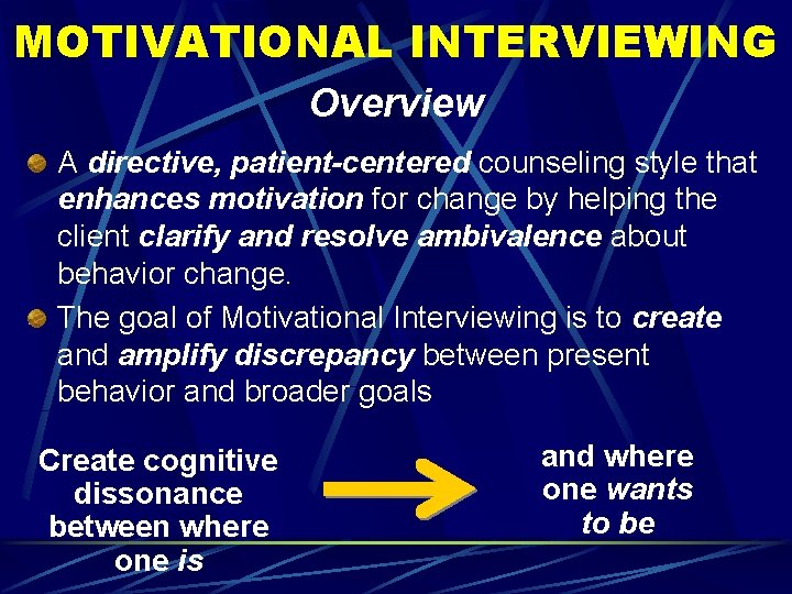 MOTIVATIONAL INTERVIEWING Overview A directive, patient-centered counseling style that enhances motivation for change by