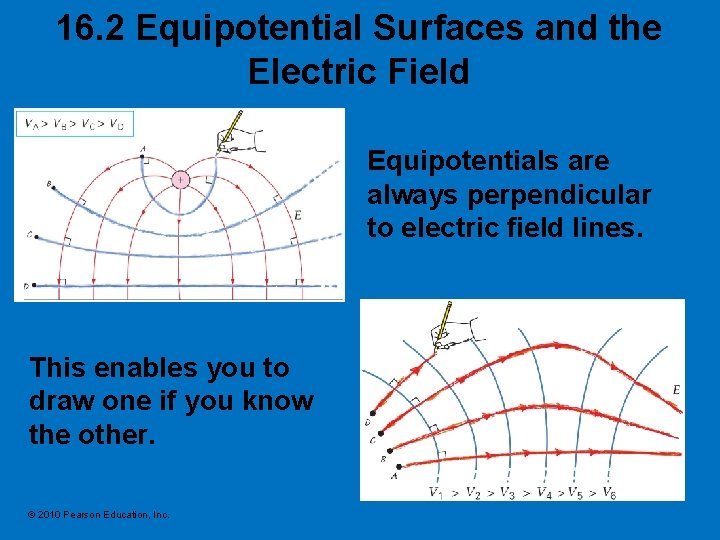 16. 2 Equipotential Surfaces and the Electric Field Equipotentials are always perpendicular to electric