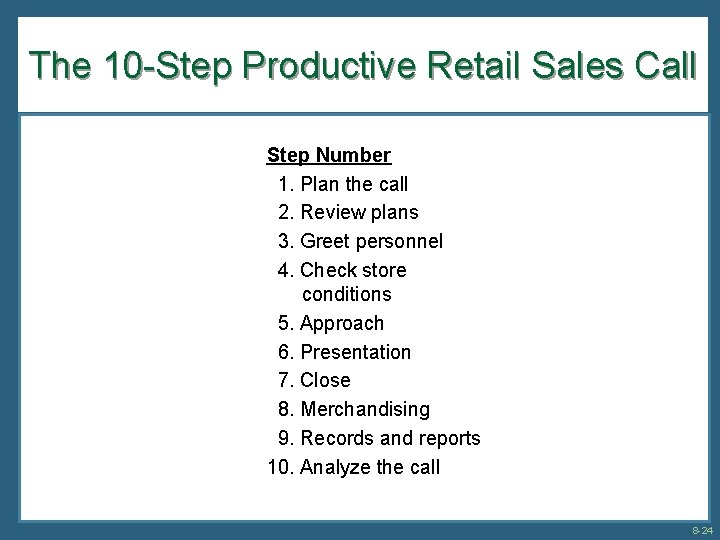 The 10 -Step Productive Retail Sales Call Step Number 1. Plan the call 2.