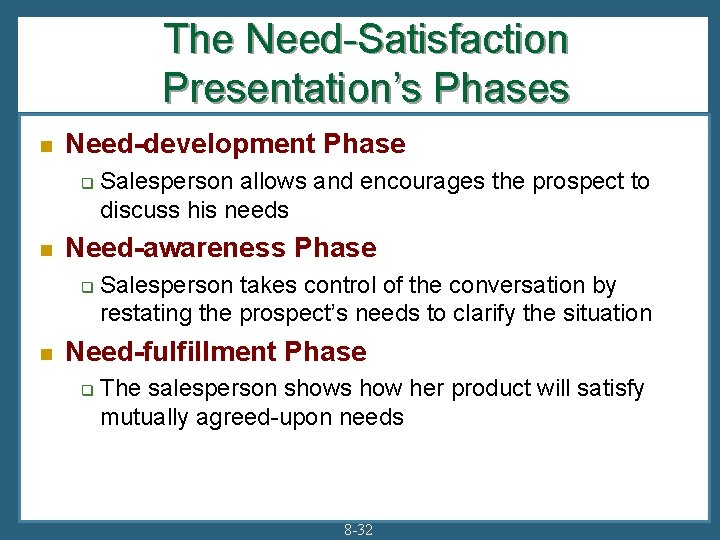 The Need-Satisfaction Presentation’s Phases n Need-development Phase q n Need-awareness Phase q n Salesperson