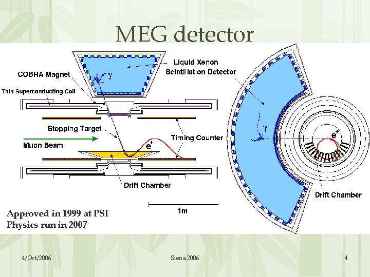 MEG detector Approved in 1999 at PSI Physics run in 2007 4/Oct/2006 Siena 2006
