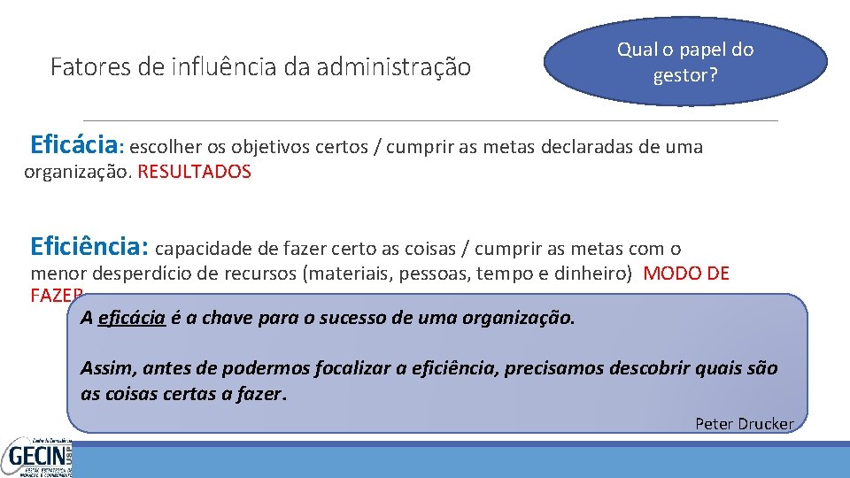 Fatores de influência da administração Qual o papel do gestor? Eficácia: escolher os objetivos