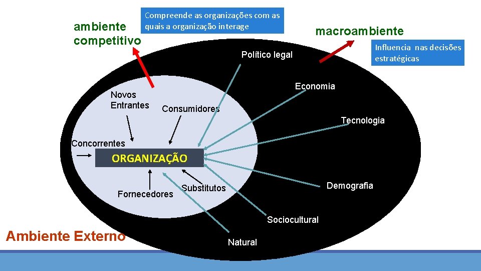 ambiente competitivo Compreende as organizações com as quais a organização interage macroambiente Influencia nas