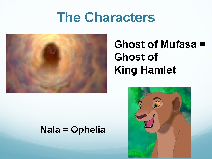 The Characters Ghost of Mufasa = Ghost of King Hamlet Nala = Ophelia The Characters Ghost of Mufasa = Ghost of King Hamlet Nala = Ophelia