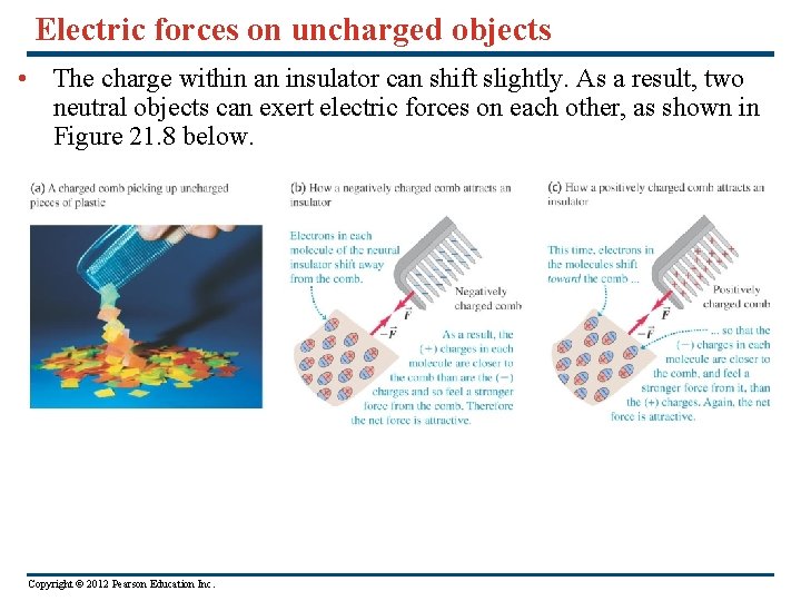 Electric forces on uncharged objects • The charge within an insulator can shift slightly.