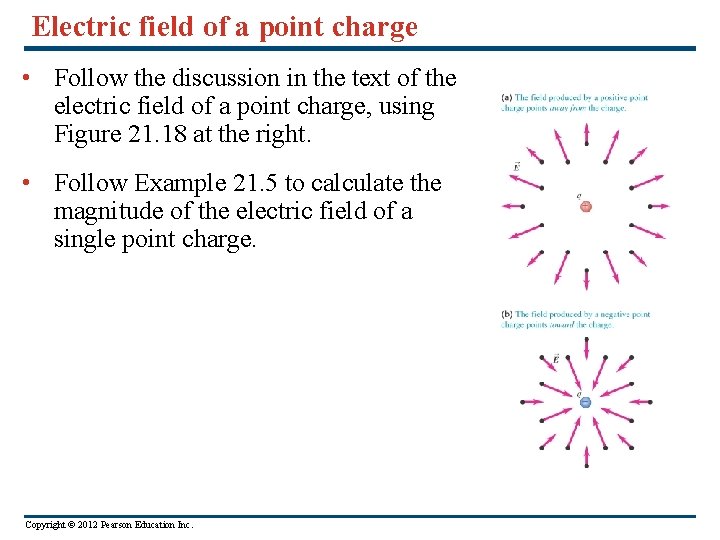 Electric field of a point charge • Follow the discussion in the text of