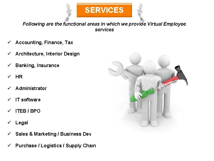SERVICES Following are the functional areas in which we provide Virtual Employee services ü