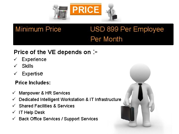 PRICE Minimum Price USD 899 Per Employee Per Month Price of the VE depends